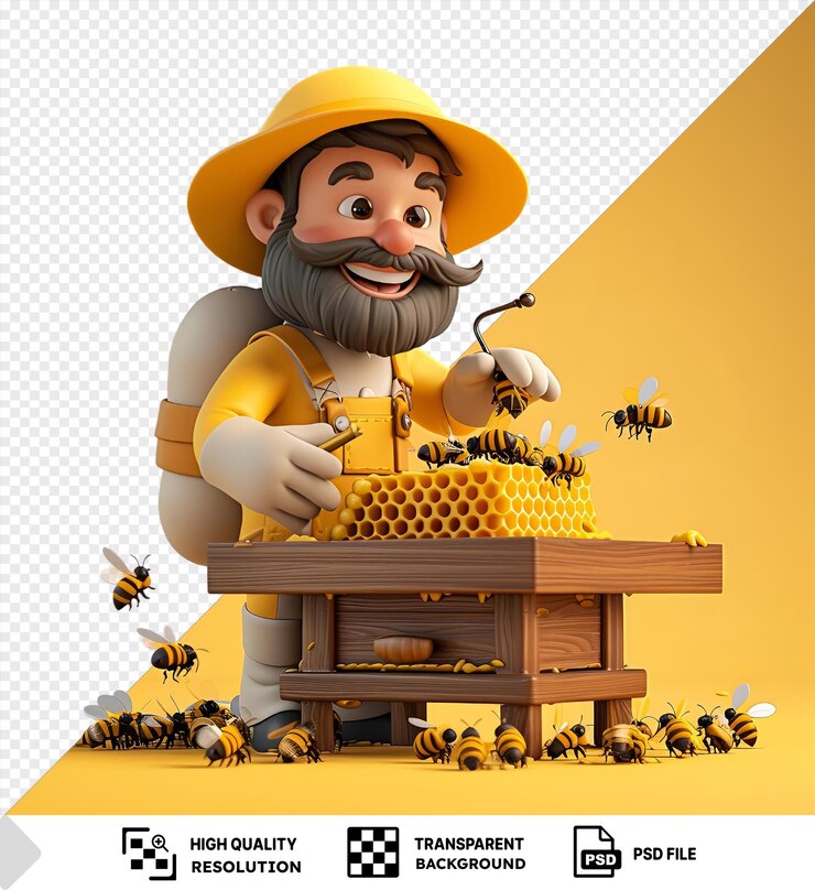 PSD cartone animato 3d di un apicoltore che ispeziona gli alveari davanti a un muro giallo indossando un cappello giallo e tenendo una mano bianca