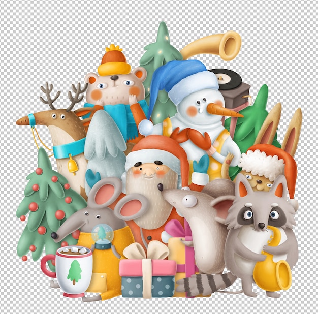 Cartone animato di Natale con pupazzo di neve, santa e animali divertenti