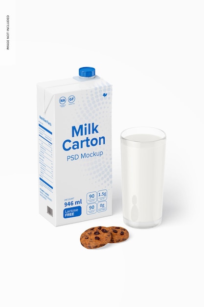 Cartone del latte con mockup di vetro e biscotti