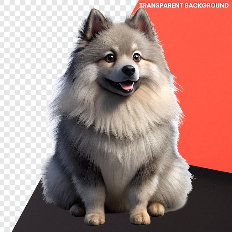 PSD cartoon 3d para adultos con keeshond sentado en un fondo transparente