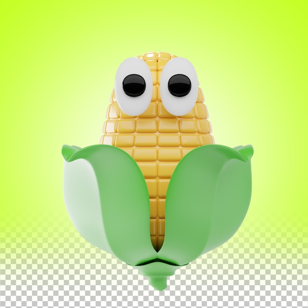 Cartoon 3D Corn Cob com casca verde com olhos engraçados