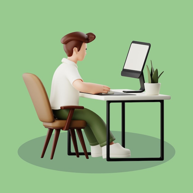Cartoon 3D d'un homme travaillant à un bureau d'ordinateur