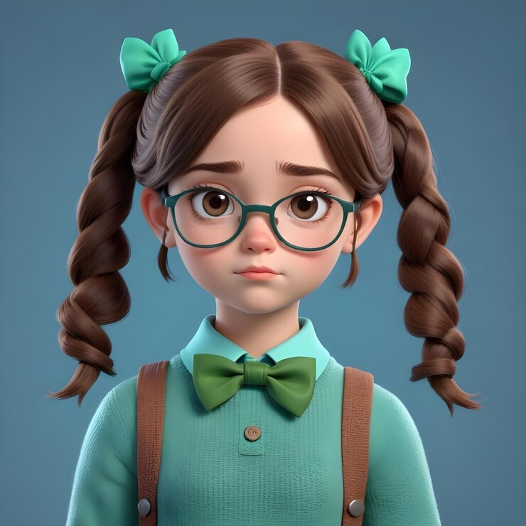 PSD cartoon 3d-rendering eines mädchens mit zöpfen, brille und fliege