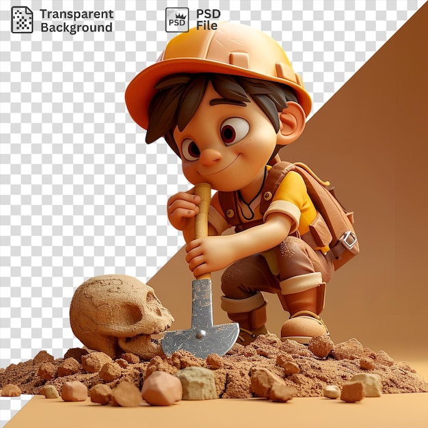 PSD cartoon d'archéologue excavant d'anciens artefacts avec un jouet portant un casque orange et des bottes brunes tout en tenant un jouet et un grand œil avec une main visible à l'avant