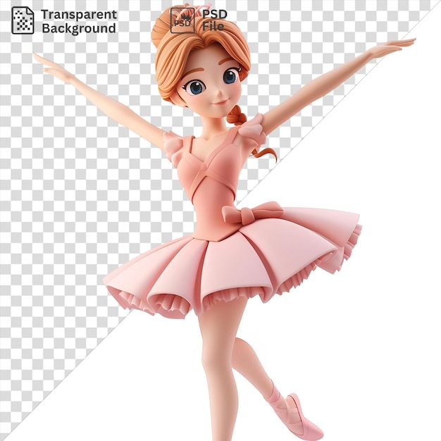 Cartoon De Ballerine 3d Exécutant Une élégante Pose De Ballet Avec Une Robe Rose Cheveux Orange Et Yeux Bleus Avec Une Main Levée Et Un Bras étendu La Poupée Est Habillée En Rose