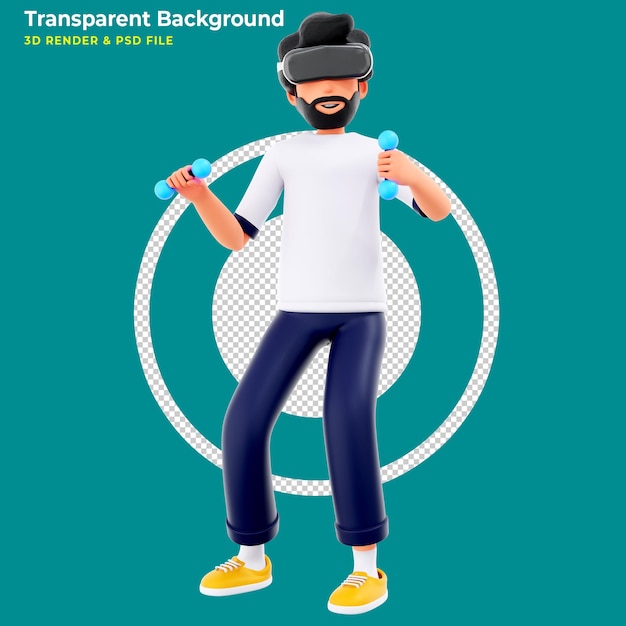 Cartoon-bart-charakter-mann spielt virtuelles kampfspiel mit vr-brille und controller virtual-reality-online-fitnesstraining 3d-rendering-illustration