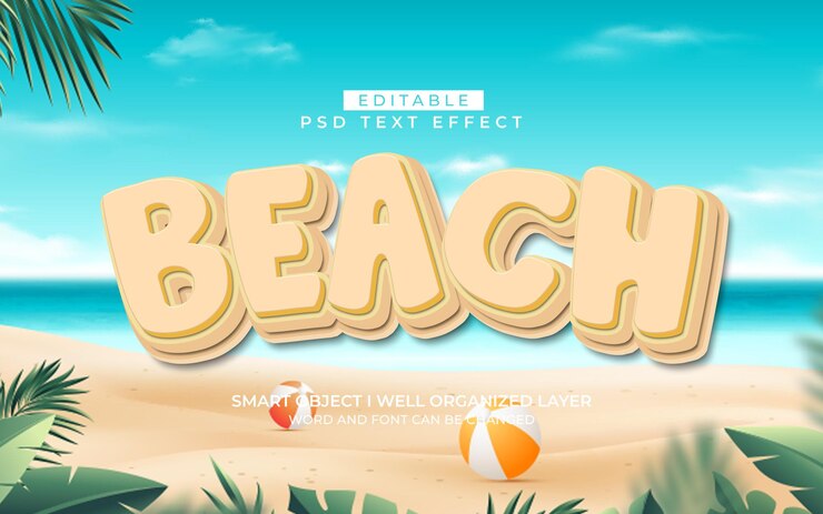 PSD cartoon beach editable 3d text effect