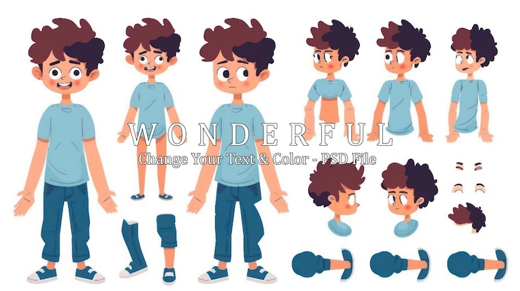 PSD cartoon boy character sprite sheet (foglio di sprite dei personaggi dei cartoni animati)