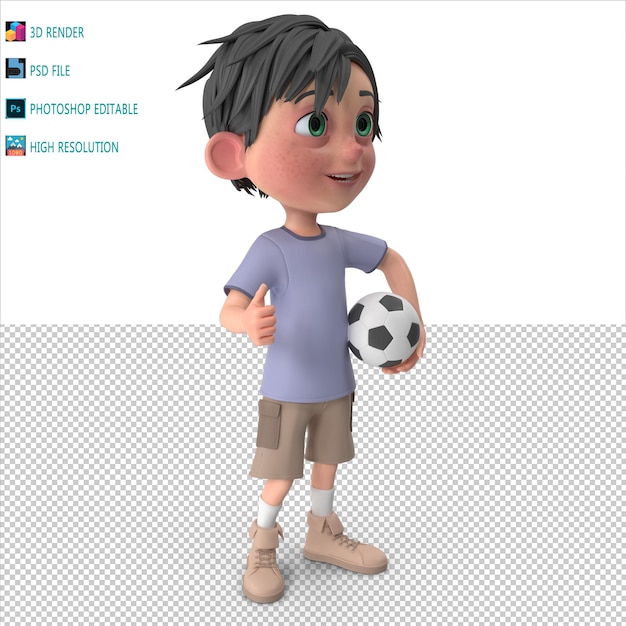 Cartoon Boy Jogando Futebol 3D Render PSD Arquivo