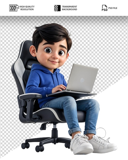 Cartoon Boy usando laptop em cadeira de jogo