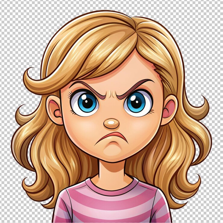 PSD cartoon carino giovane donna che guarda arrabbiato su uno sfondo trasparente