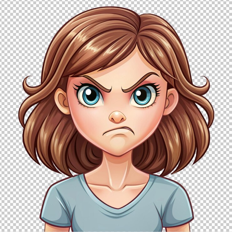 PSD cartoon carino giovane donna che guarda arrabbiato su uno sfondo trasparente