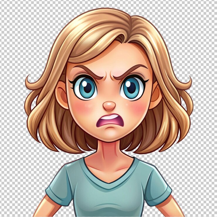 PSD cartoon carino giovane donna che guarda arrabbiato su uno sfondo trasparente