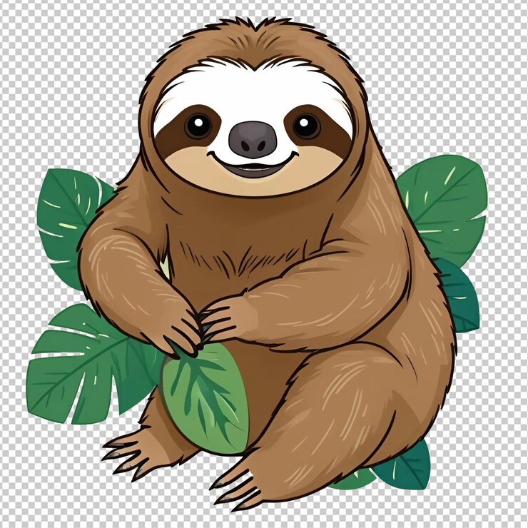 PSD cartoon carino pigro occhi grandi posa giocosa appeso al ramo dell'albero illustrazione png
