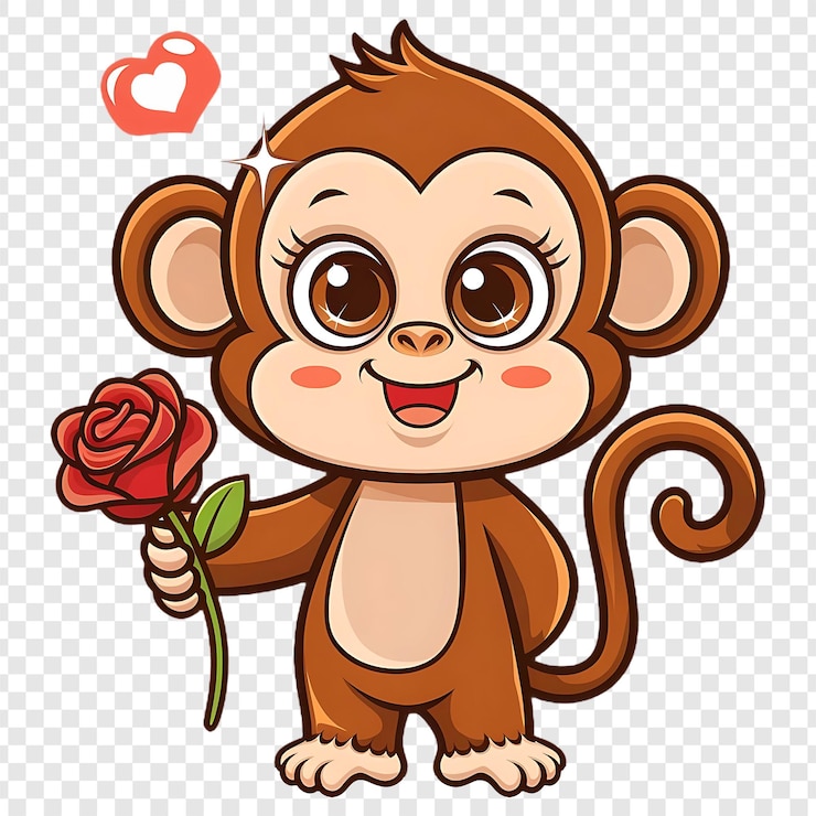 PSD cartoon carino scimmia con rosa rossa isolata su sfondo trasparente