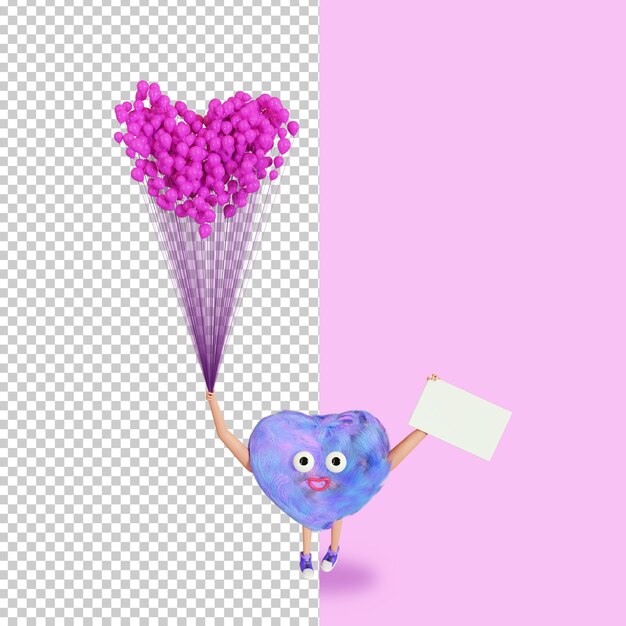 cartoon character heart holds a bunch of balls, 3d render. valentine's day greeting card