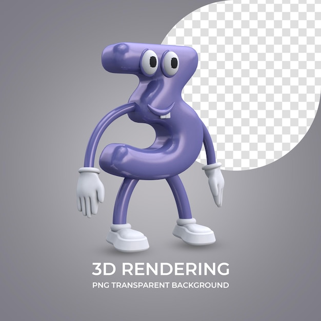 cartoon character number 3 3d rendering isolated transparent background
