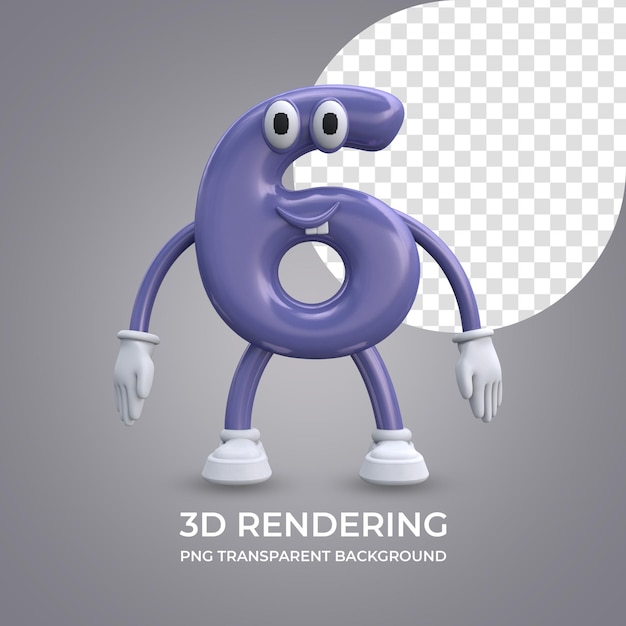 Cartoon character Number 6 3d rendering isolated transparent background