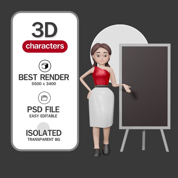 Cartoon charakter geschäftsfrau mit rückwand 3d-rendering