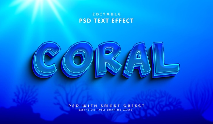 PSD cartoon coral blue 3d editable text effect