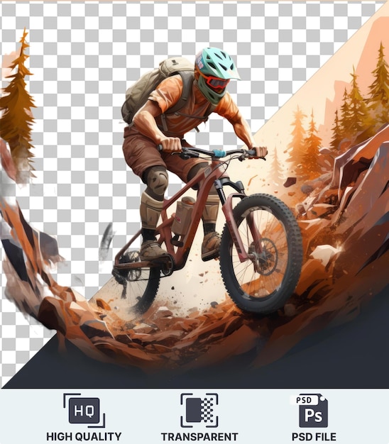 PSD cartoon de cycliste de montagne conquérant des sentiers de descente difficiles entourés d'arbres verts luxuriants et d'un ciel bleu clair portant un casque bleu et portant un sac à dos gris