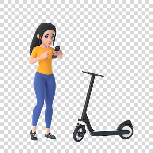 Cartoon divertente ragazza carina con scooter elettrico e smartphone su uno sfondo giallo rendering 3D