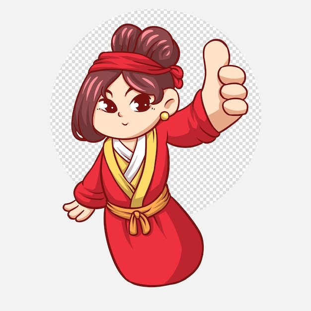 Cartoon donna asiatica che indossa abiti tradizionali in stile asien