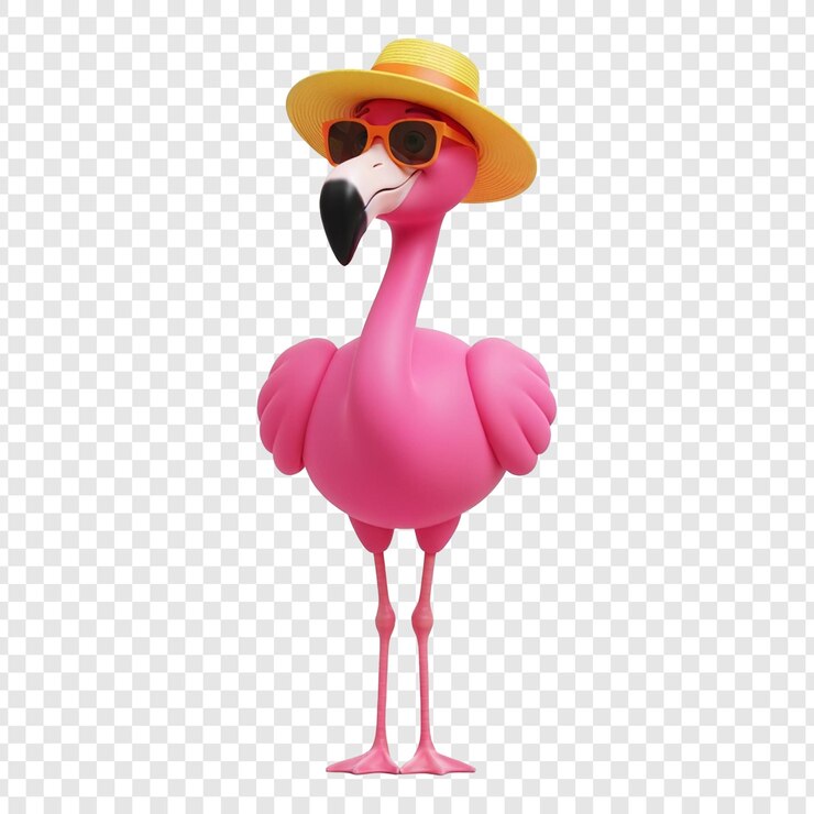 PSD cartoon flamingo in sunglasses and sun hat on transparent background