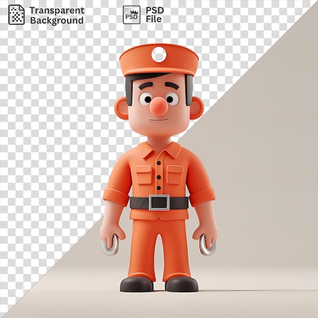 PSD cartoon de gardien de prison 3d surveillant des prisonniers avec un chapeau rouge et orange, une ceinture noire et un jouet orange debout devant un mur blanc avec un long bras et une main visibles