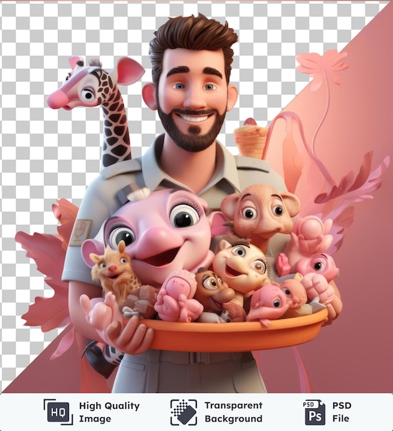 PSD cartoon de gardien de zoo en 3d qui nourrit les animaux