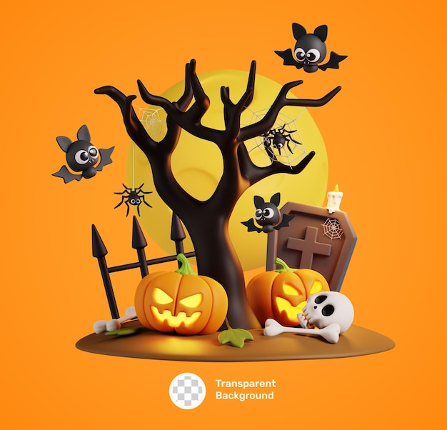 Cartoon Happy Halloween 3d Icon con zucche, albero e altre decorazioni di Halloween isolate