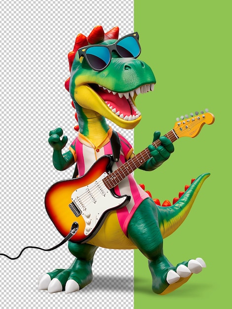 PSD cartoon illustration dinosaur playing electro guitar in sunglasses