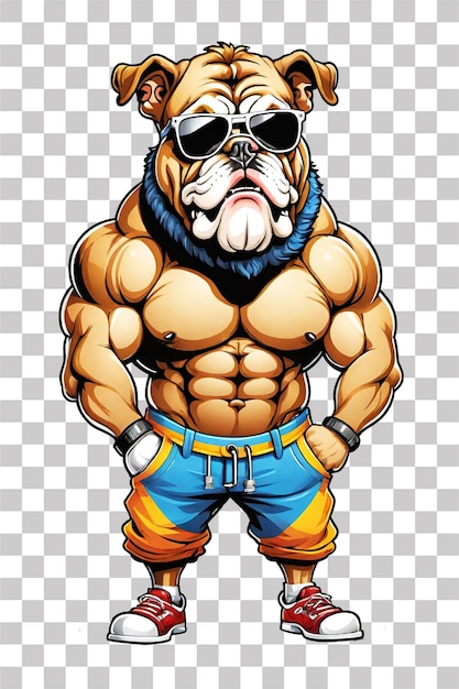 PSD cartoon-illustration eines bulldogs in sportbekleidung, fitness und bodybuilding auf durchsichtigem hintergrund