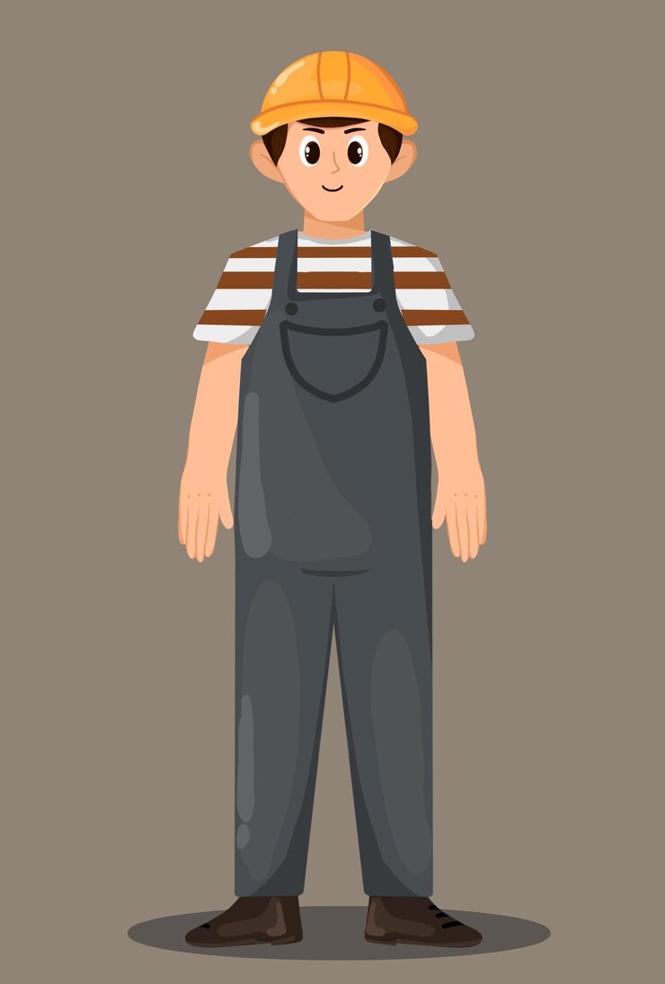 PSD cartoon illustration of a cute construction worker or laborer wearing a yellow helmet and overalls