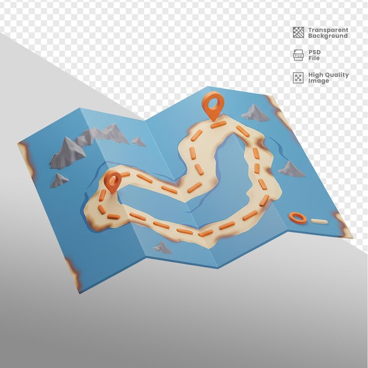 PSD cartoon illustration of a treasure map with routes and navigation markers