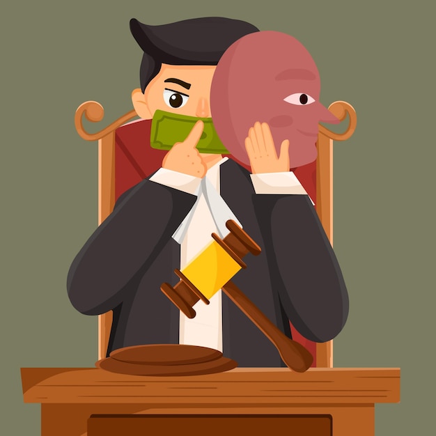 Cartoon illustration of a corrupt judge who accepts bribes and abuses power