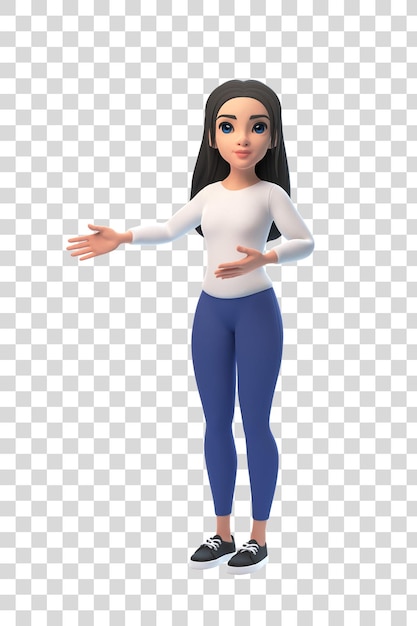 Cartoon junges mädchen in einem weißen pullover und jeans isoliert auf weißem hintergrund 3d-rendering