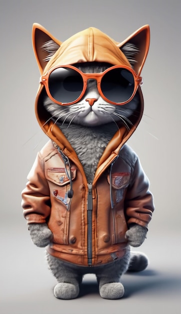 PSD cartoon-katze in voller sonnenbrille und jacke mit kapuze auf durchsichtigem hintergrund 3d-rendering