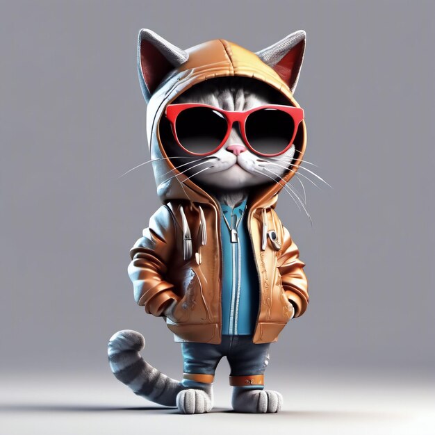 PSD cartoon-katze in voller sonnenbrille und jacke mit kapuze auf durchsichtigem hintergrund 3d-rendering