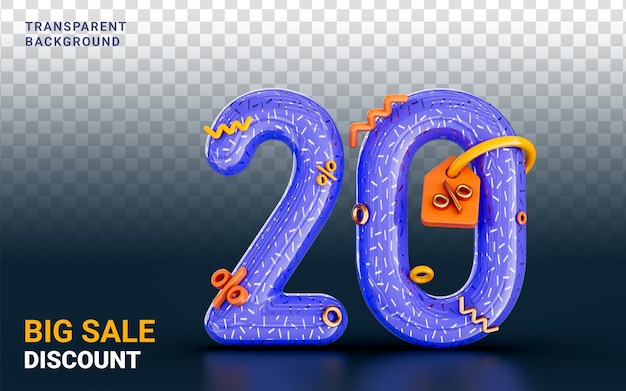 Cartoon-Look 20 Prozent Rabatt Sale Banner auf dunklem Hintergrund 3D-Renderkonzept für Shopping-Angebot