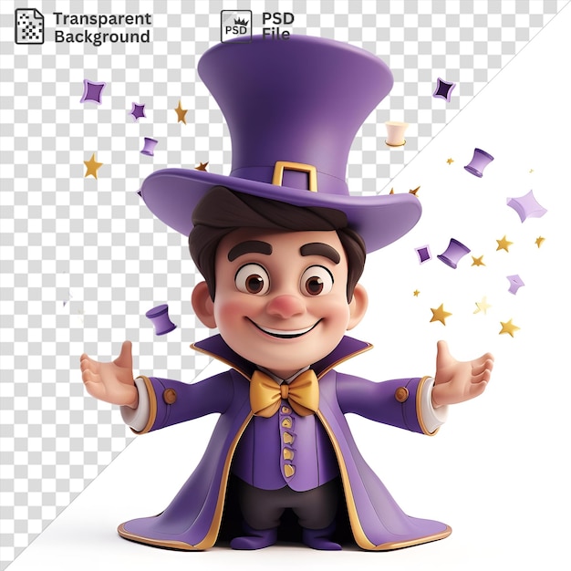 PSD cartoon de magicien 3d effectuant des tours de magie étonnants avec un chapeau violet et un nœud papillon jaune entouré d'un tableau coloré d'étoiles