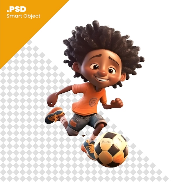 PSD cartoon menino afro-americano jogando futebol 3d ilustração modelo psd