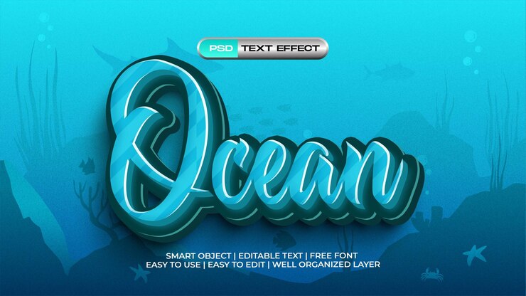 PSD cartoon ocean 3d text effect
