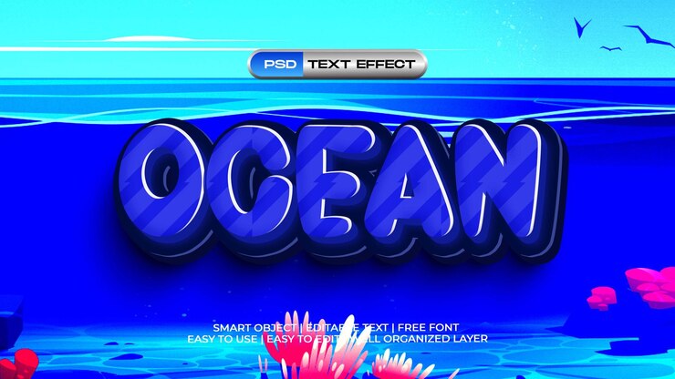 PSD cartoon ocean 3d text effect