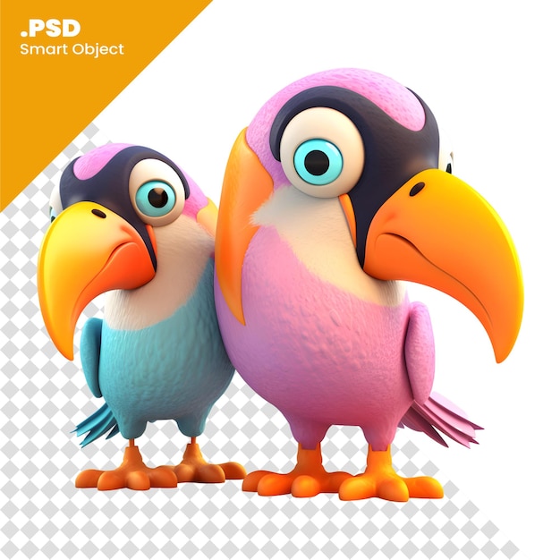 PSD cartoon-paar von tukan-vögeln auf weißem hintergrund 3d-illustration psd-vorlage