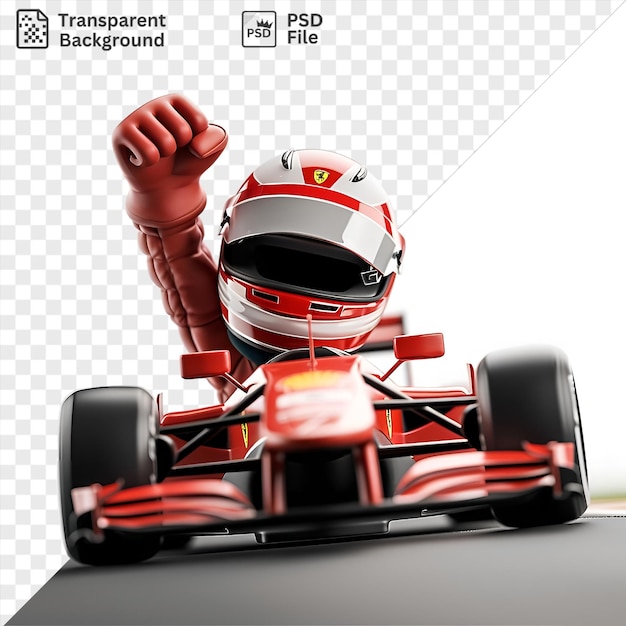 PSD cartoon de pilote de formule 1 en 3d accélérant sur une piste de formule 1 avec des pneus noirs et rouges visibles au premier plan