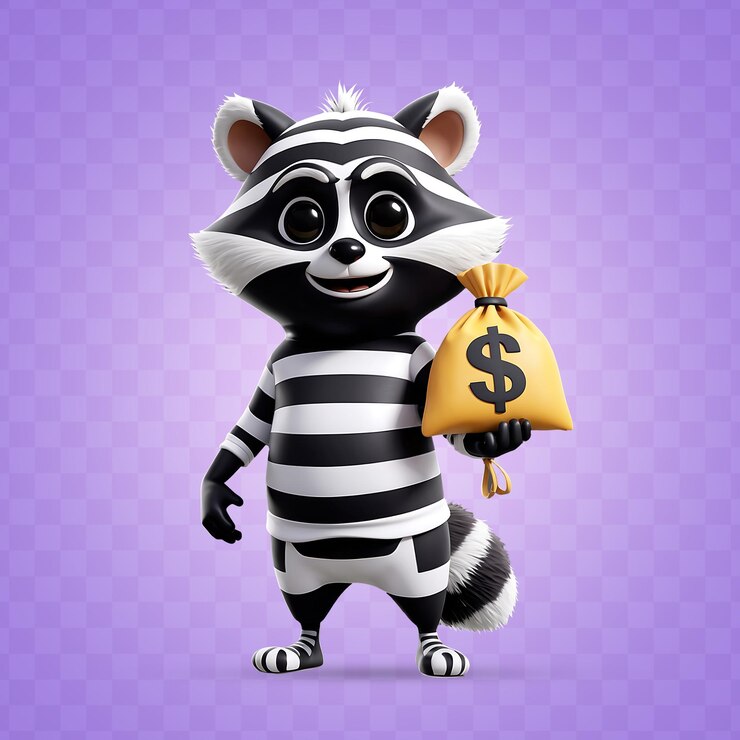 PSD cartoon raccoon bandit with money bag