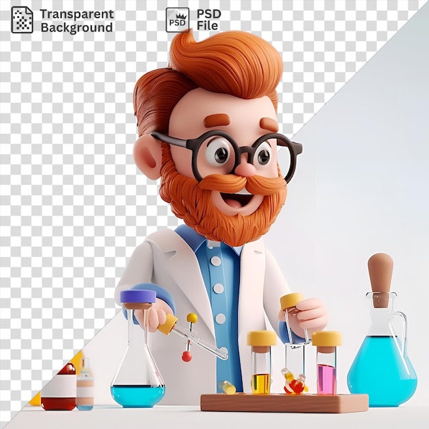 PSD cartoon de scientifique en 3d menant des expériences révolutionnaires dans un laboratoire