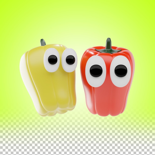 Cartoon Style 3D Pimientos rojos y amarillos con ojos divertidos