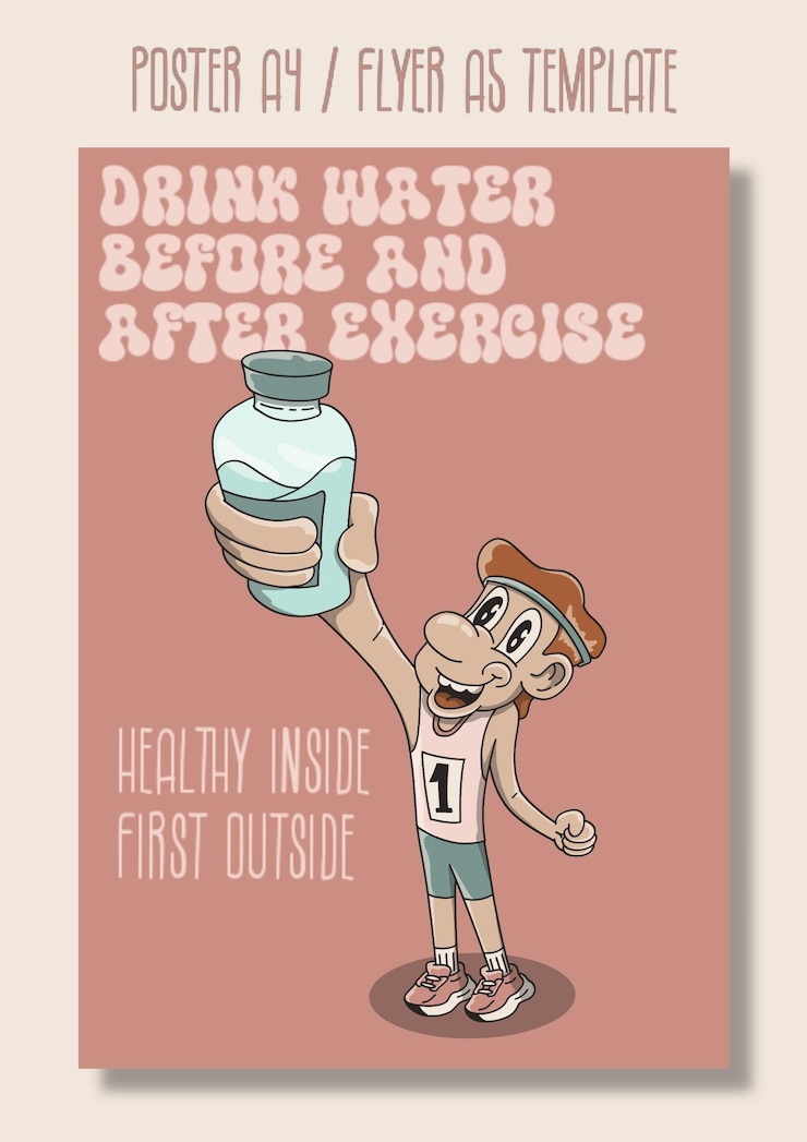 PSD cartoon style illustration poster drink water before and after exercise for body health